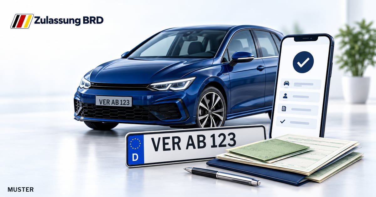 Online Fahrzeugzulassung in Achim: Musterkennzeichen VER AB 123, Auto und Fahrzeugpapiere und Smartphone. Illustration mit Logo von Zulassung BRD.